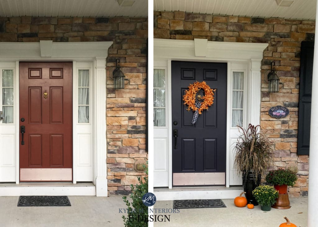 Before and after front door painted red rust to purple. Best paint colour with stone. Kylie M Interiors Edesign, online paint color consulting. Sherwin Williams Darkroom