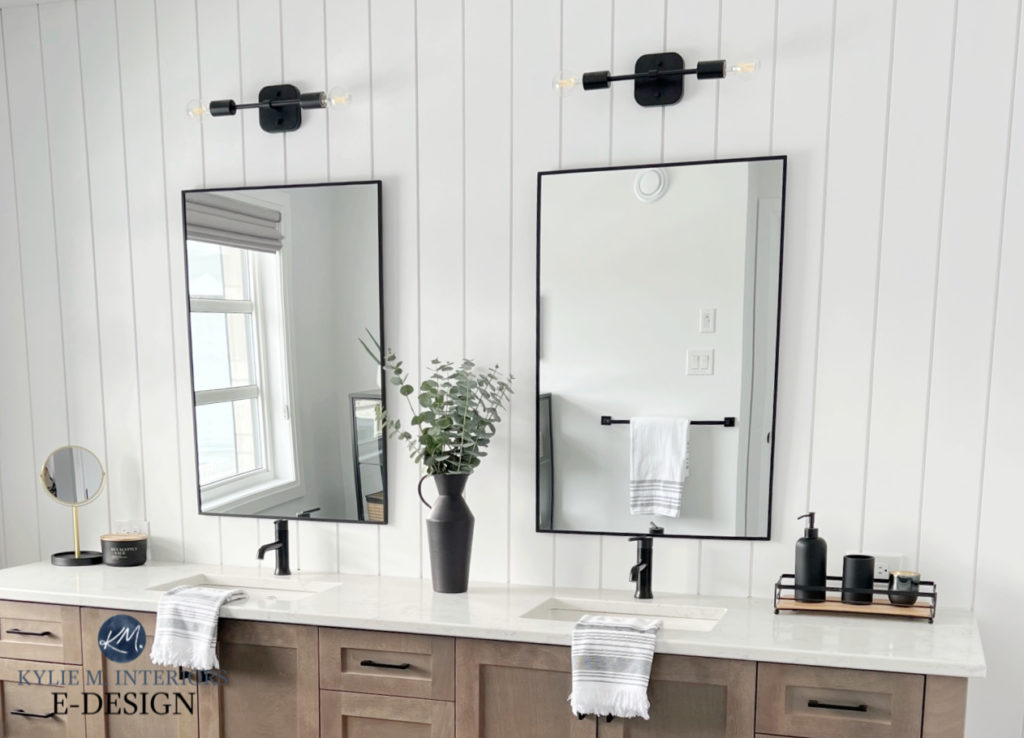 Benjamin Moore Chantilly Lace best white paint colour on vertical shiplap behind wood double vanity, white quartz countertop, black accents. Kylie M INteriors Edesign