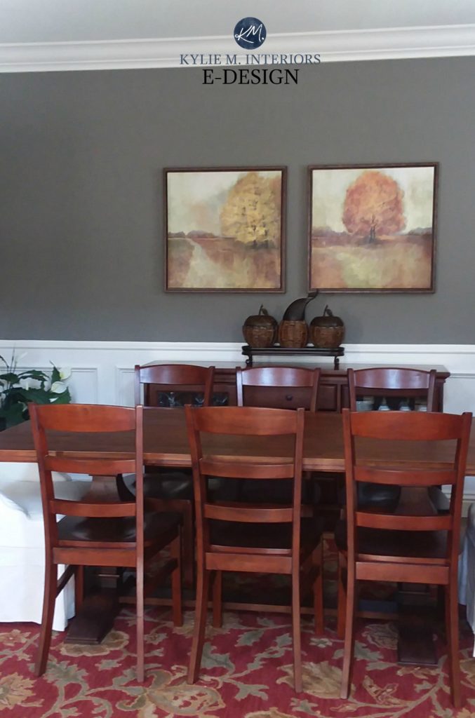 Benjamin Moore Chelsea Gray in dining room with white wainscoting and red accents. Kylie M INteriors Edesign, online paint colour consulting expert. Client photo