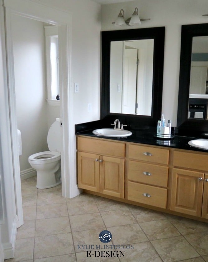 Benjamin Moore Classic Gray, bathroom, maple cabinets, beige tile floor, black granite. Kylie M Interiors E-design, online paint color consulting, ecolor