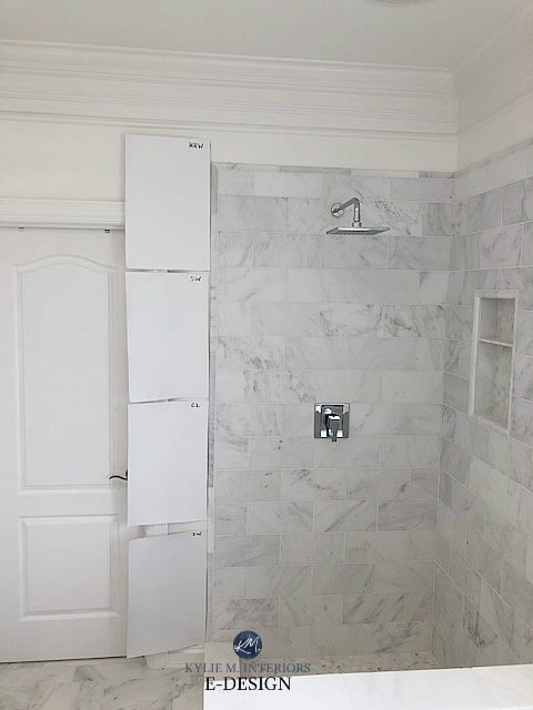 Benjamin Moore Decorators White, Chantilly Lace, Super White compared to marble tile or countertop. Best white paint color. Kylie M INteriors Edesign