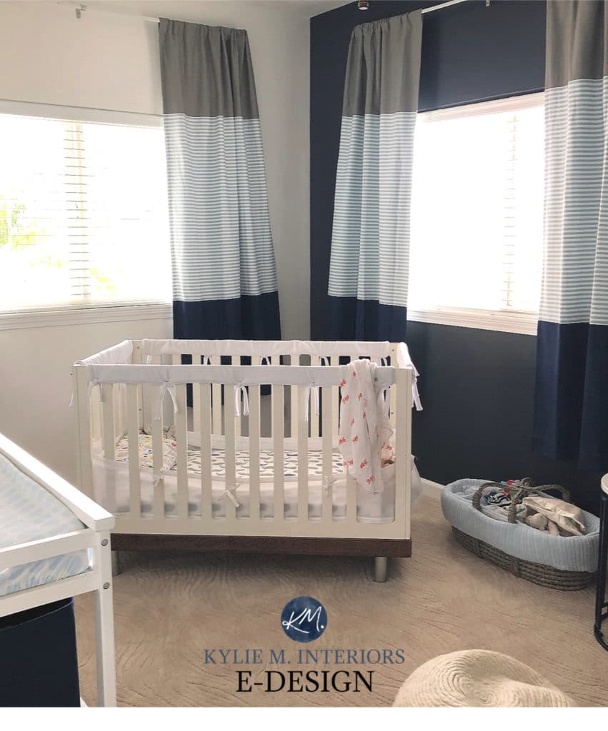 Benjamin Moore Hale Navy blue feature wall with Chantilly Lace in boys nursery bedroom. Best white paint colour. Kylie M INteriors Edesign online paint colour consultant blog