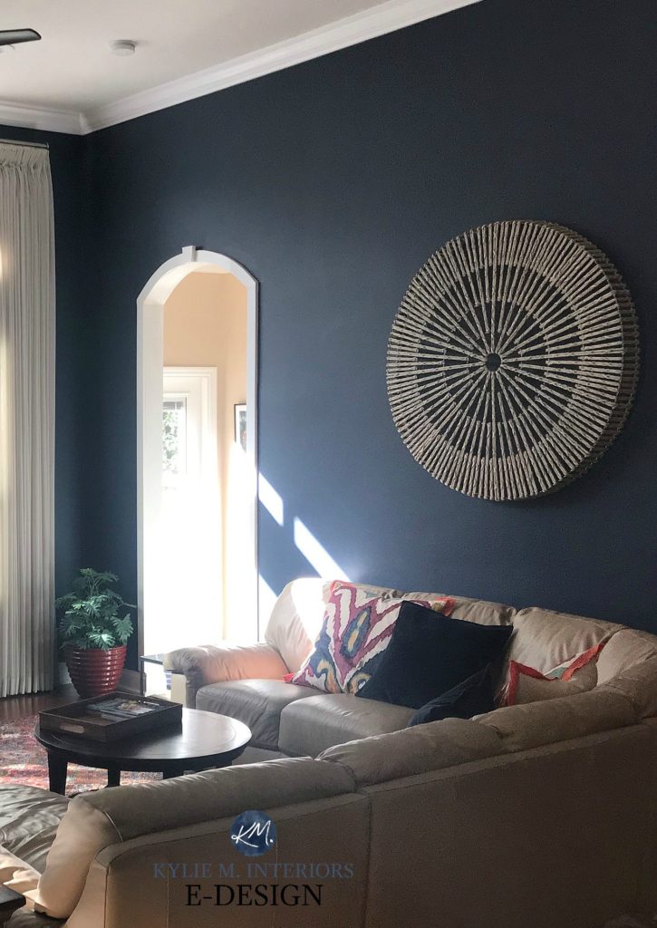 Benjamin Moore Hale Navy with beige sectional, best dark blue paint colour. Kylie M Interiors Edesign, online color consultant