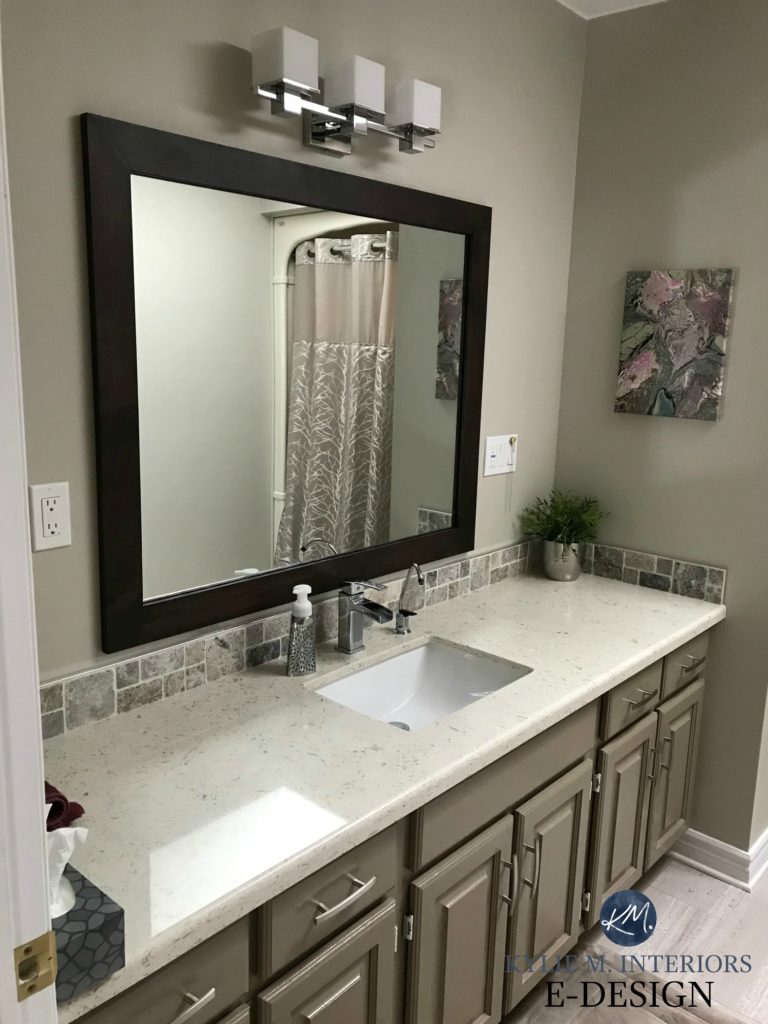 Benjamin Moore Kingsport Gray painted oak cabinets with Revere Pewter walls in bathroom with almond bone fixtures. Kylie M INteriors Edesign, online paint color consulting. Client photo