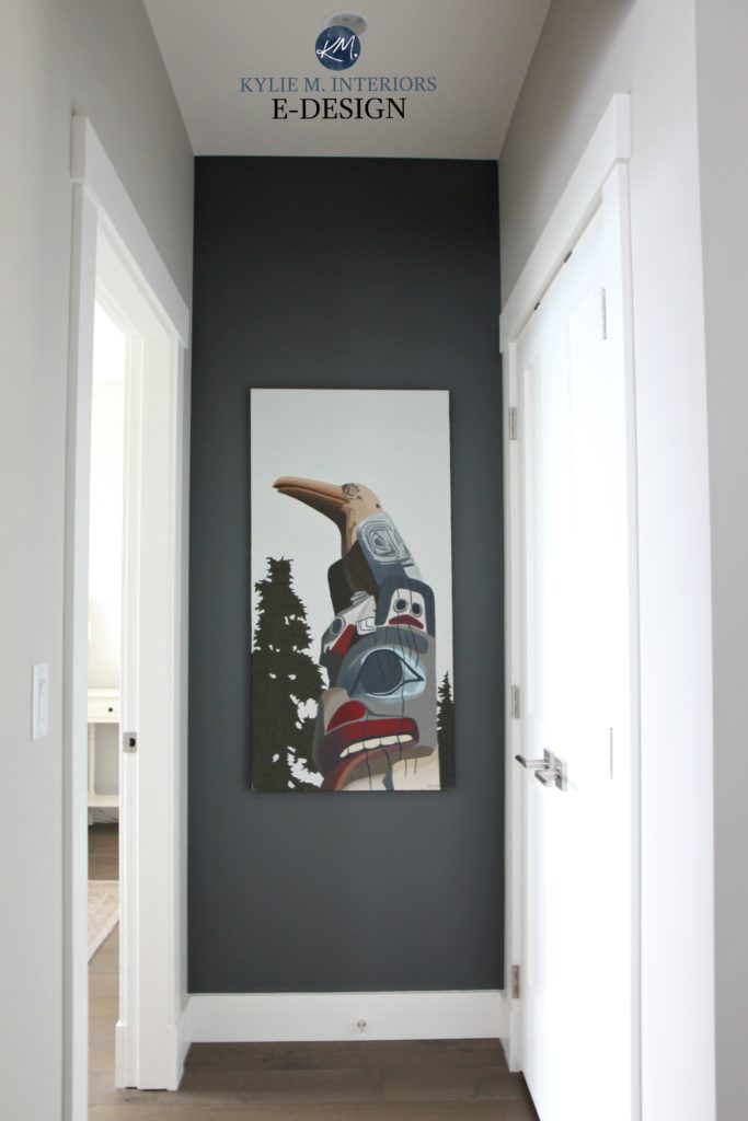 Benjamin Moore Kitty Gray feature art wall with Collonade Gray. Ken Kirkby totem pole original painting. Kylie M INteriors Edesign, virtual paint color expert