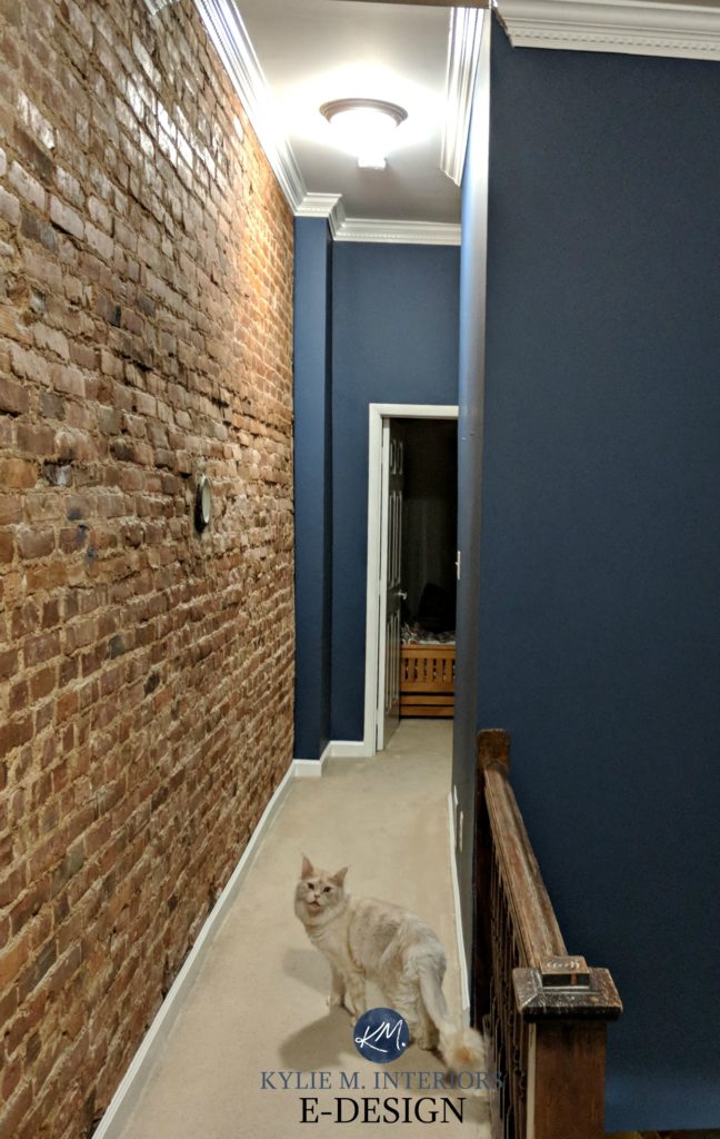 Benjamin Moore Newburyport Blue, navy blue with red brick feature wall in dark hallway. Kylie M INteriors Edesign, online paint color consulting, virtual