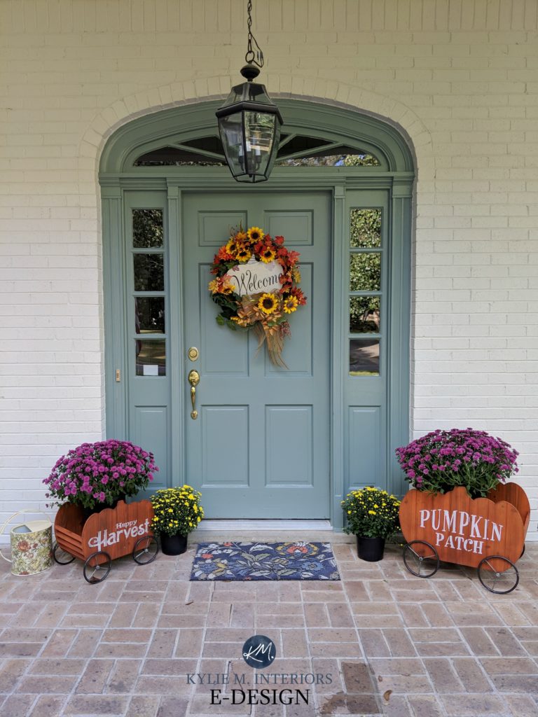 Benjamin Moore Sioux Falls blue green front door, Sherwin White Duck off white painted brick exterior. Kylie M Interiors Edesign, curb appeal and online decorating ideas for paint colour