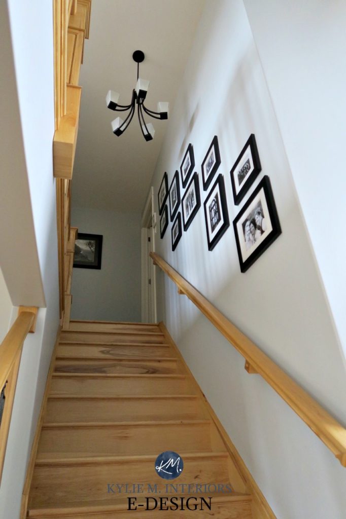 Benjamin Moore Stonington Gray paint colour. Stairwell, yellow toned wood stairs. Kylie M INteriors Edesign, virtual online paint colour consultant