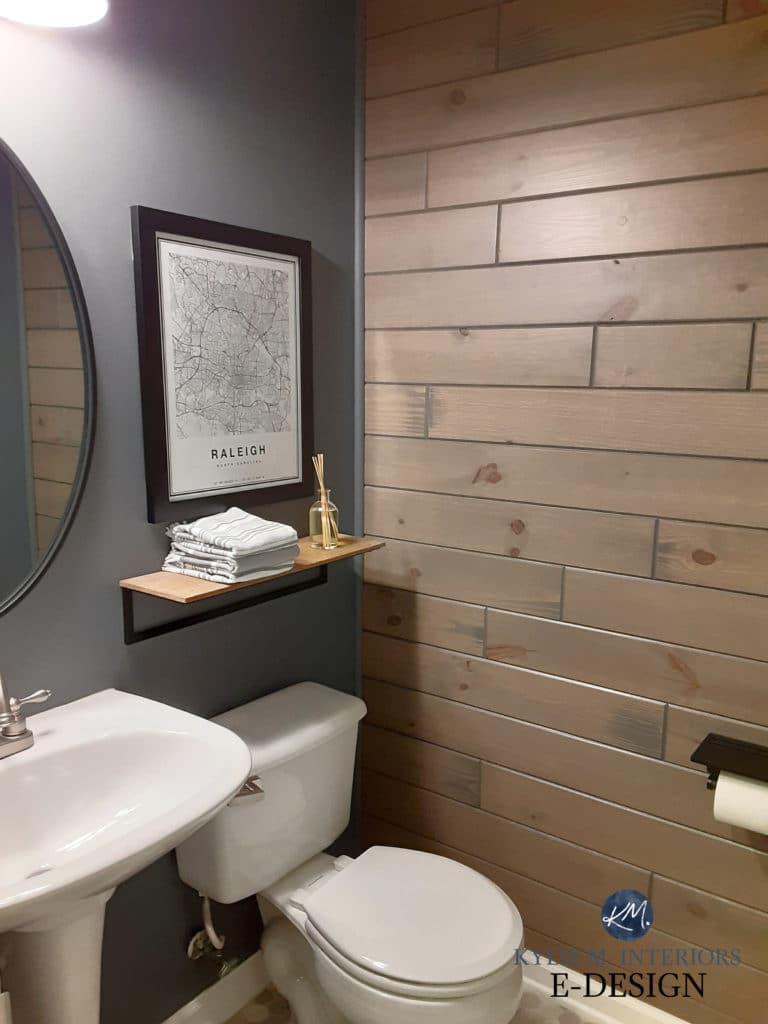 Benjamin Moore Trout Gray small powder room, rustic wood feature wall, shiplap in gray wash stain. Kylie M Interiors Edesign, diy online paint colour consultant