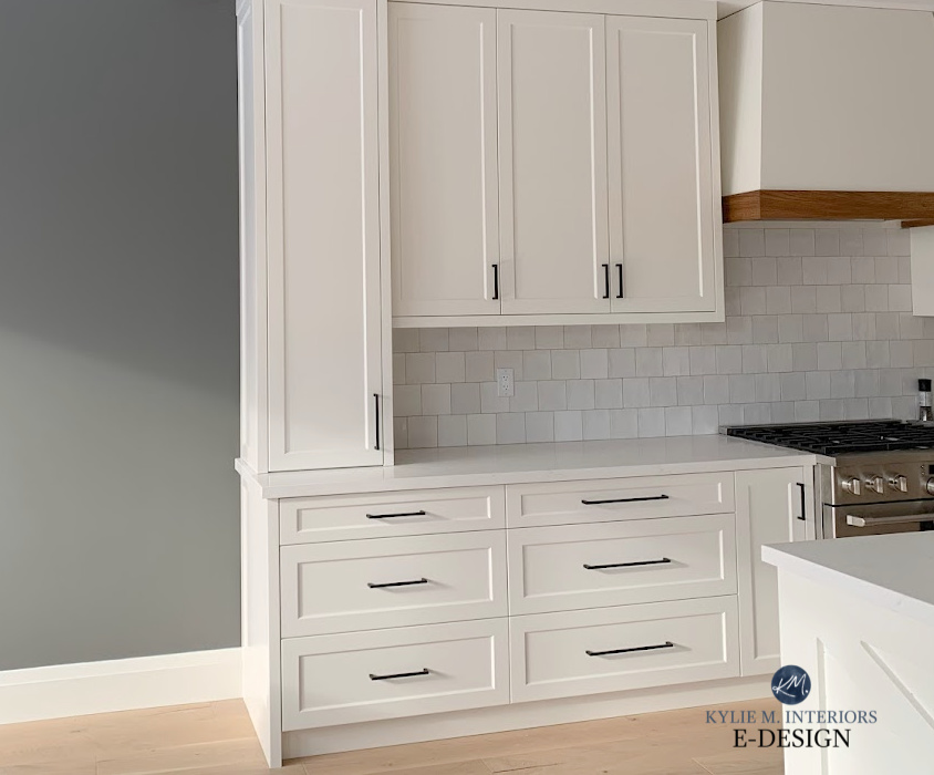 Benjamin Moore White Dove painted cabinets, Amherst Gray feature or accent walls, zellige tile backsplash, white quartz countertops. Kylie M Interiors Edesign