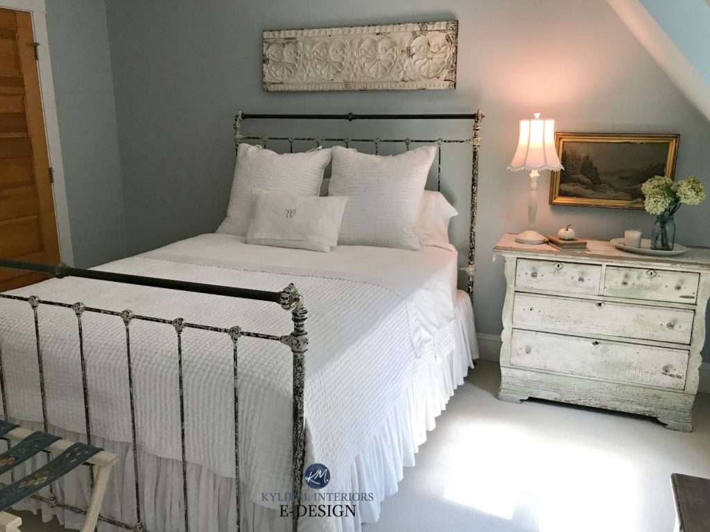 Benjamin Moore Woodlawn Blue, guest bedroom, country farmhouse style, white linens, metal bed frame. Kylie M E-design. Online colour consultant