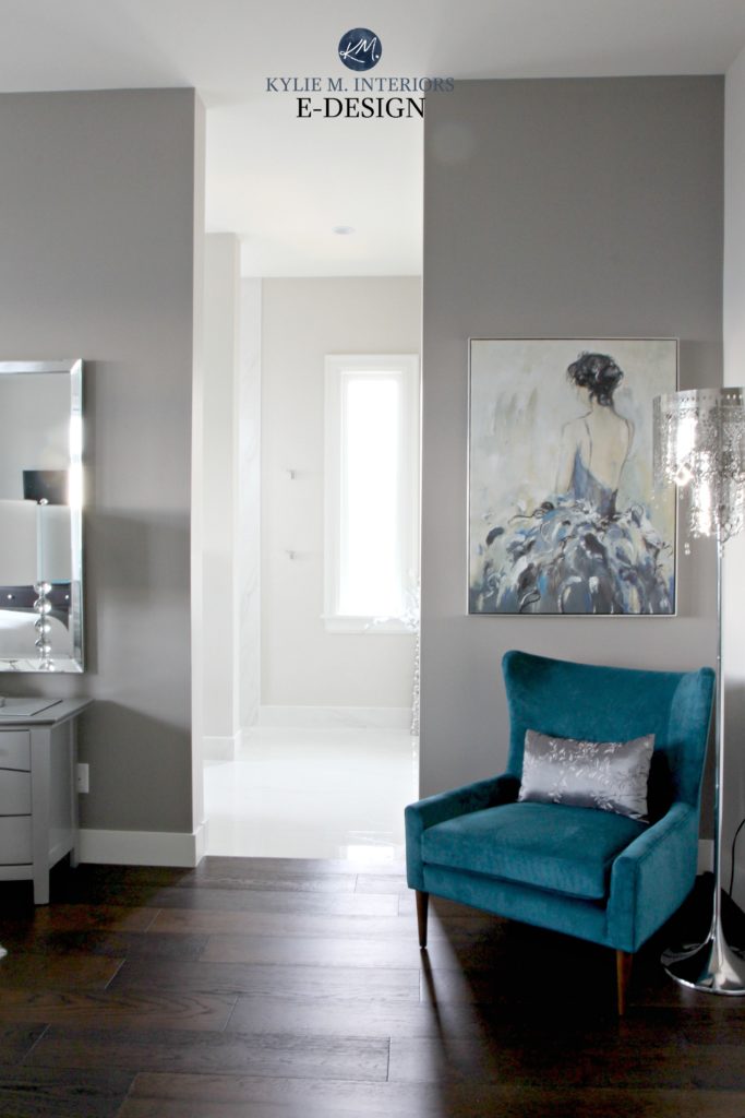 Best gray paint colour, Benjamin Moore Balboa Mist and Escarpment in bedroom and bathroom. Dark wood flooring. Glam style. Kylie M Interiors Edesign, online paint colour consulting