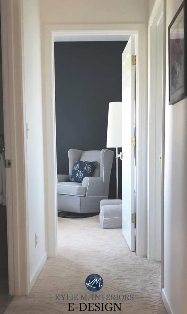 Chantilly Lace and feature wall in Hale Navy Benjamin Moore in boys nursery bedroom. Kylie M Interiors paint colour reviews online paint consulting blog