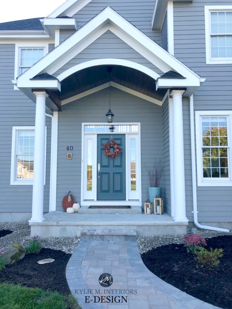 Classic French Gray siding, Extra White and Stillwater front door. Exterior paint colour, pavers. Kylie M Interiors Edesign, online paint colour consultant. DIY decorating ideas blog. Best front door and exterior paint colors