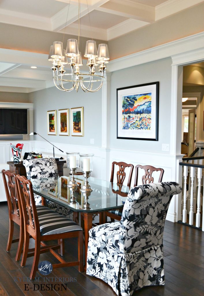 Contemporary mix traditional dining room. Benjamin Moore Stonington Gray, wainscoting, chandelier, dark wood floor, coffered ceilings. KYlie M interiors E-design