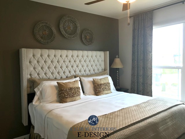 Edesign, online color consulting. Kylie M Interiors Benjamin Moore colour expert. Feature accent wall in Kingsport Gray, other walls Accessible Beige, upholstered headboard