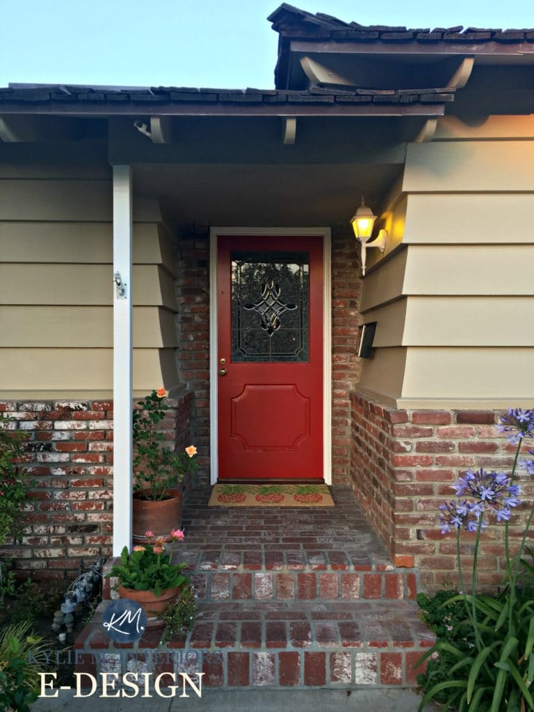 Exterior, front door paint colour consultation with Kylie M Interiors E-design and online color consulting. Sherwin Williams Chinese Red with red orange brick, beige painted wood siding