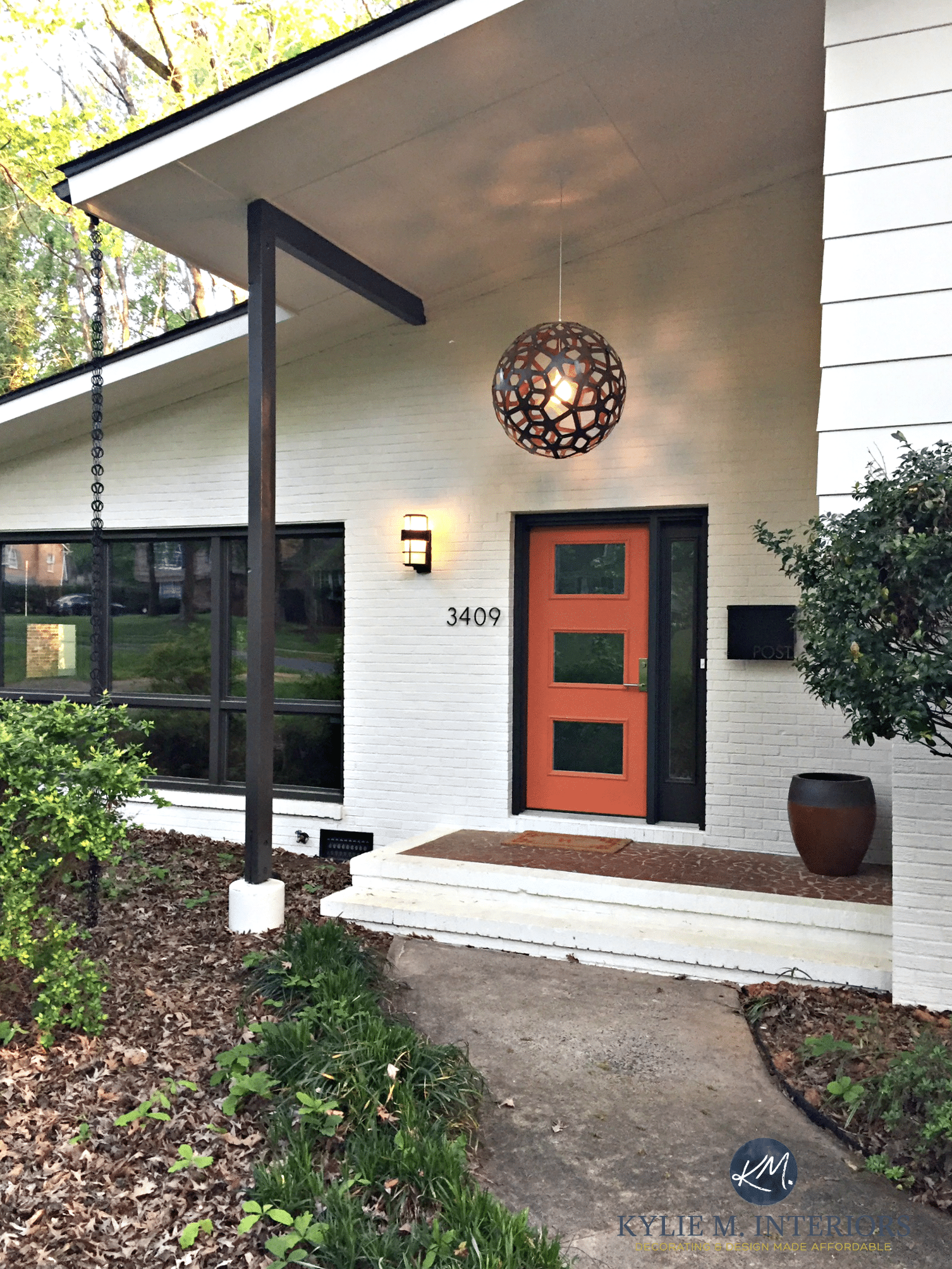 Exterior palette, cream, brown and orange. Subtle mid-century style with painted brick and siding on split level home. Kylie M Interiors E-design and Online Decorating and Colour Consulting