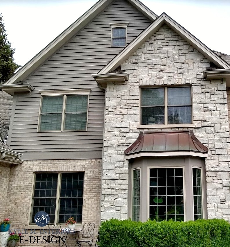 Exterior stone and brick beige, greige and gray, beige windows with Benjamin Moore Metropolis, Smokey Taupe. Kylie M INteriors Edesign, online paint colour consultant