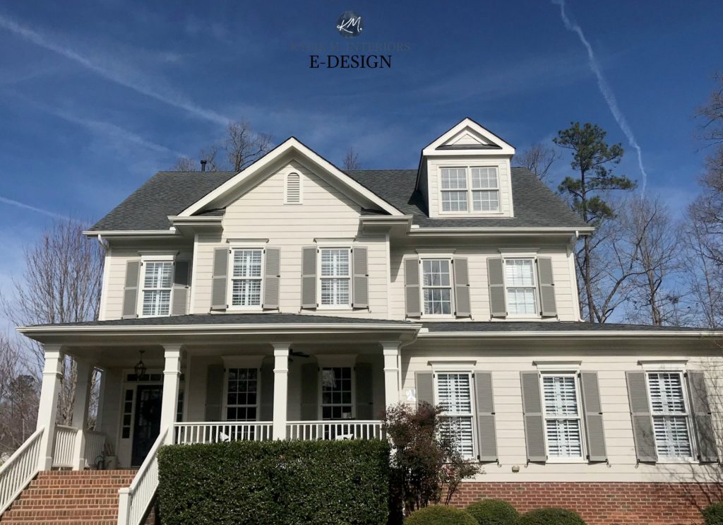 Exterior sunny day, south facing, brick home painted BM Revere Pewter, SW Creamy White client choice and BM Graystone shutters. KYlie M Interiors Edesign, online paint color consulting