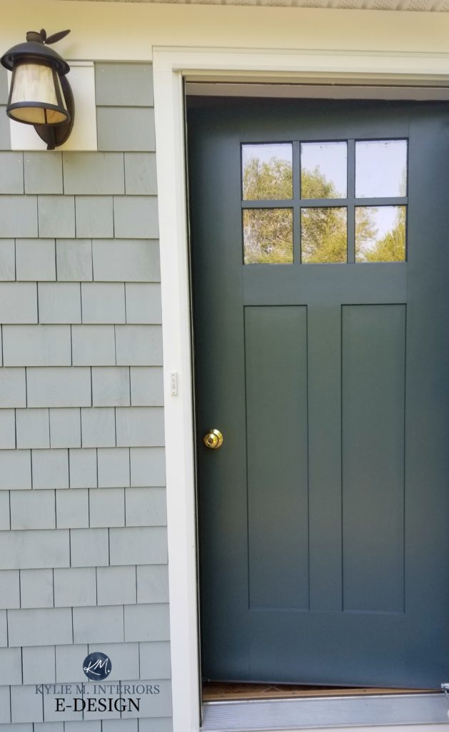 Front door Craftsman style painted Benjamin Moore Dark Pewter, Maibec Balsam stained shingles. Kylie M interiors Edesign, online paint color consulting