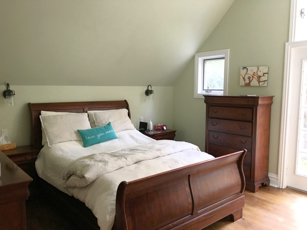 Green paint colour similar to Benjamin Moore Fernwood Green, dark red cherry bedroom furniture. Kylie M Interiors CLIENT BEFORE PHOTO (1)