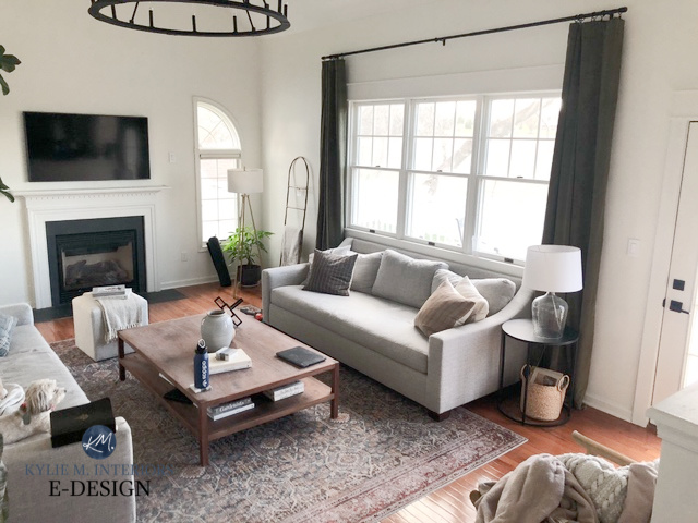 Living room in transitional style, neutral sofa, area rug, home decor. Wall paint is Sherwin Williams Alabster, a warm white. Kylie M Interiors Edesign