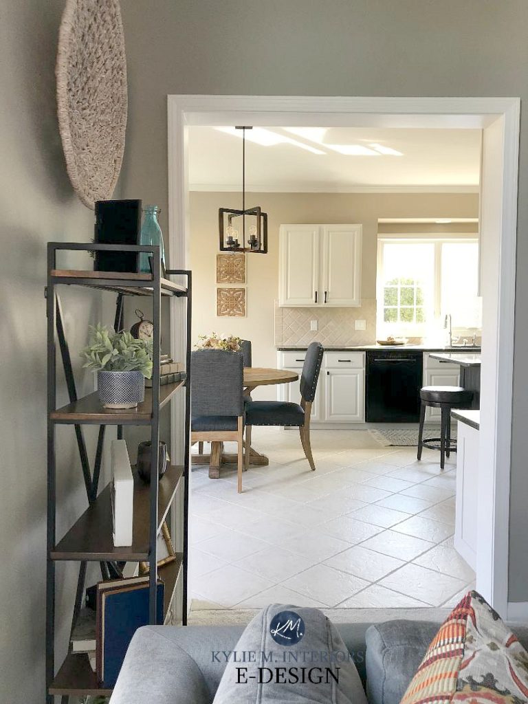 Maple kitchen cabinets painted off-white with beige tile floor and backsplash. Balanced Beige walls. Kitchen update ideas. Kylie M Interiors Edesign, online paint colour consultant
