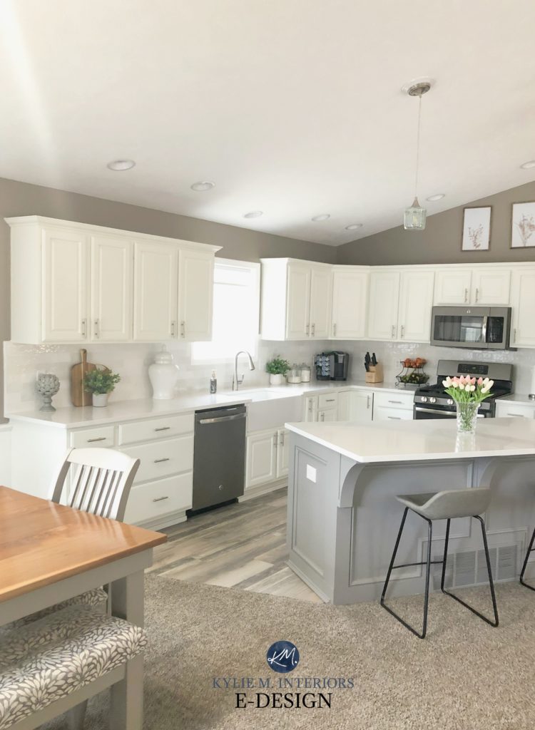 Maple kitchen update with Benjamin Moore White Dove and Sherwin Dovetail island, Keystone Gray walls. White quartz countertops. Kylie M Interiors Edeign, online paint color consultant
