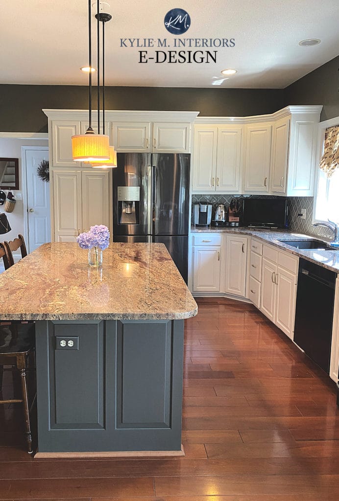 Maple painted wood cabinets, Sherwin Williams off white with dark greige green island and granite countertop. Kylie M Interiors Edesign, online paint color expert