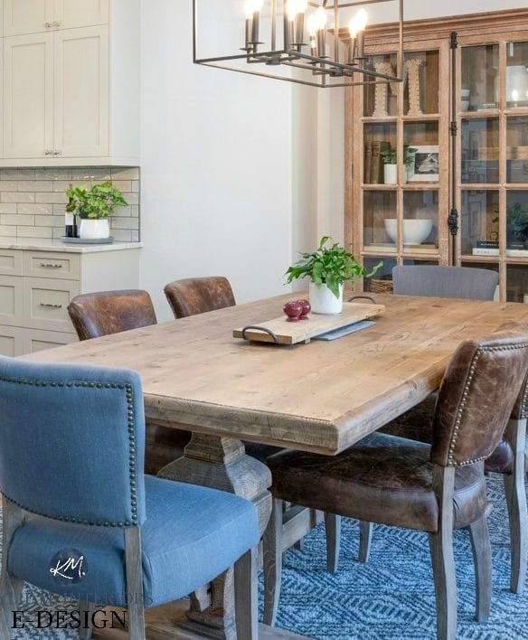 Modern farmhouse open layout kitchen and dining room. Edgecomb Gray paint colour, wood table, cabinets, black chandelier. Kylie M INteriors Edesign, online paint color consultant, advice blog