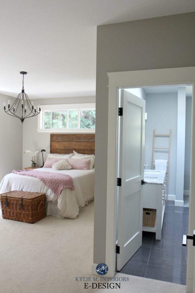 Romantic rustic master bedroom and ensuite bathroom. Benjamin Moore Revere Pewter and Wickham Gray. Kylie M Interiors Edesign, edecor and online paint colour expert blog