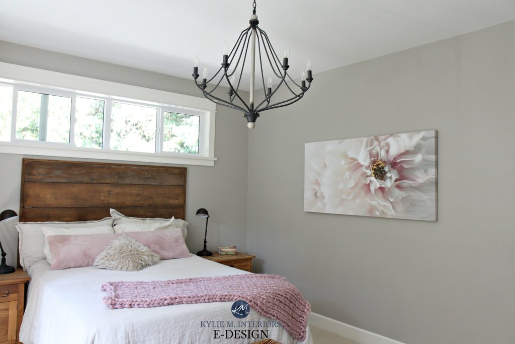 Rustic romantic style bedroom with reclaimed wood, Benjamin Moore Revere PEwter, chandelier, pink blush accents. Kylie M Interiors E-design, online paint color consultant and edecor blog