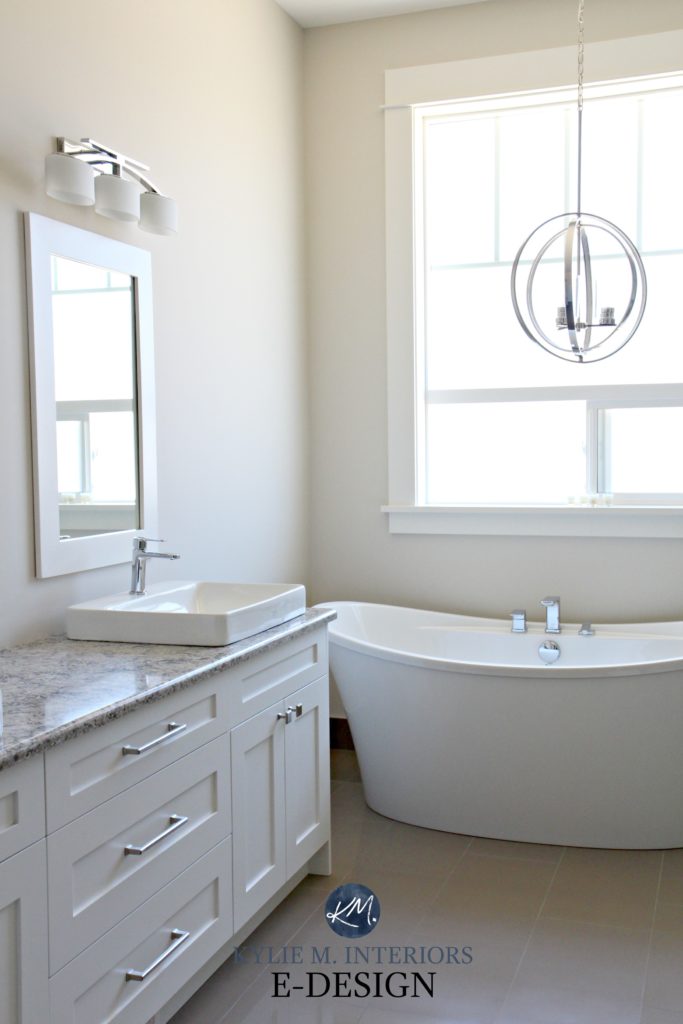 Sherwin Williams Aesthetic White, best off-white paint colour. Bathroom with Quartz Cambria Wellington, free-standing white tub. Kylie M INteriors Edesign