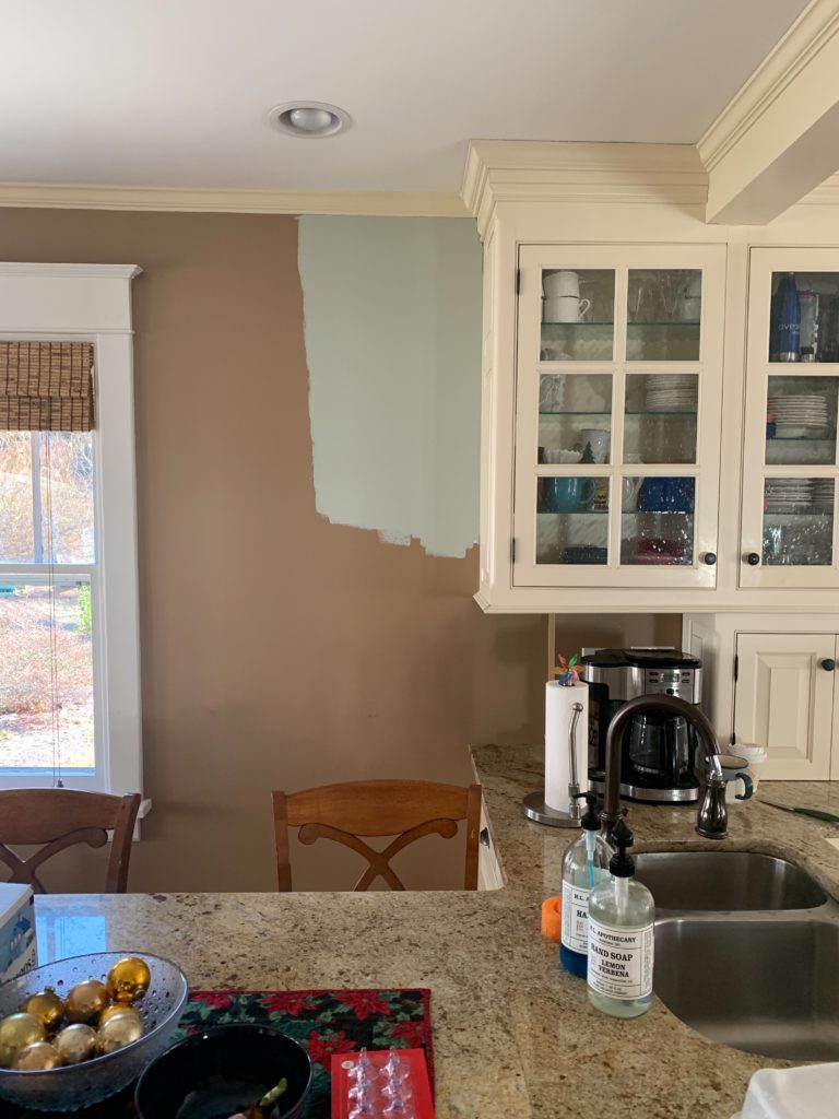 Sherwin Williams Comfort Gray to go with cream cabinets and trim in kitchen with granite countertop. Kylie M INteriors Edesign, best update ideas