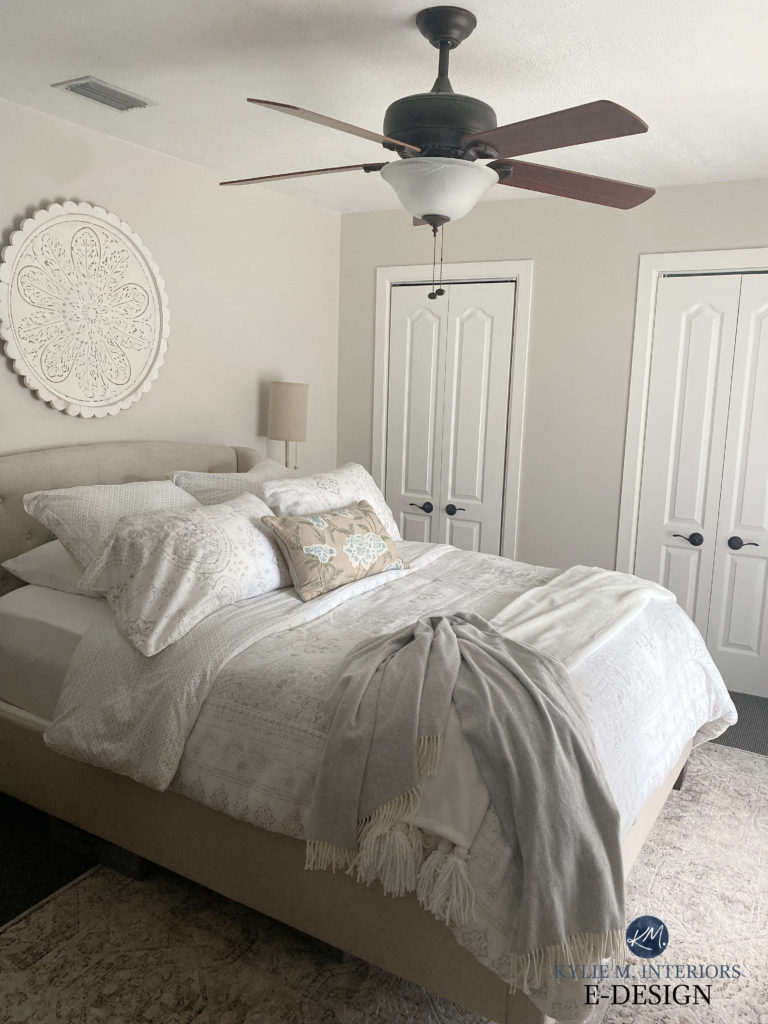 Sherwin Williams Egret White, transitional style bedroom, warm gray, greige, taupe paint colour. Kylie M Interiors Edesign, online consultant