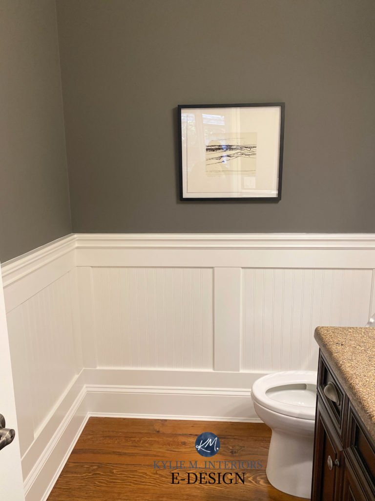 Sherwin Williams Gauntlet Gray, dark paint color in small bathroom powder room, granite countertop, wainscoting. Kylie M Interiors Edesign, update ideas