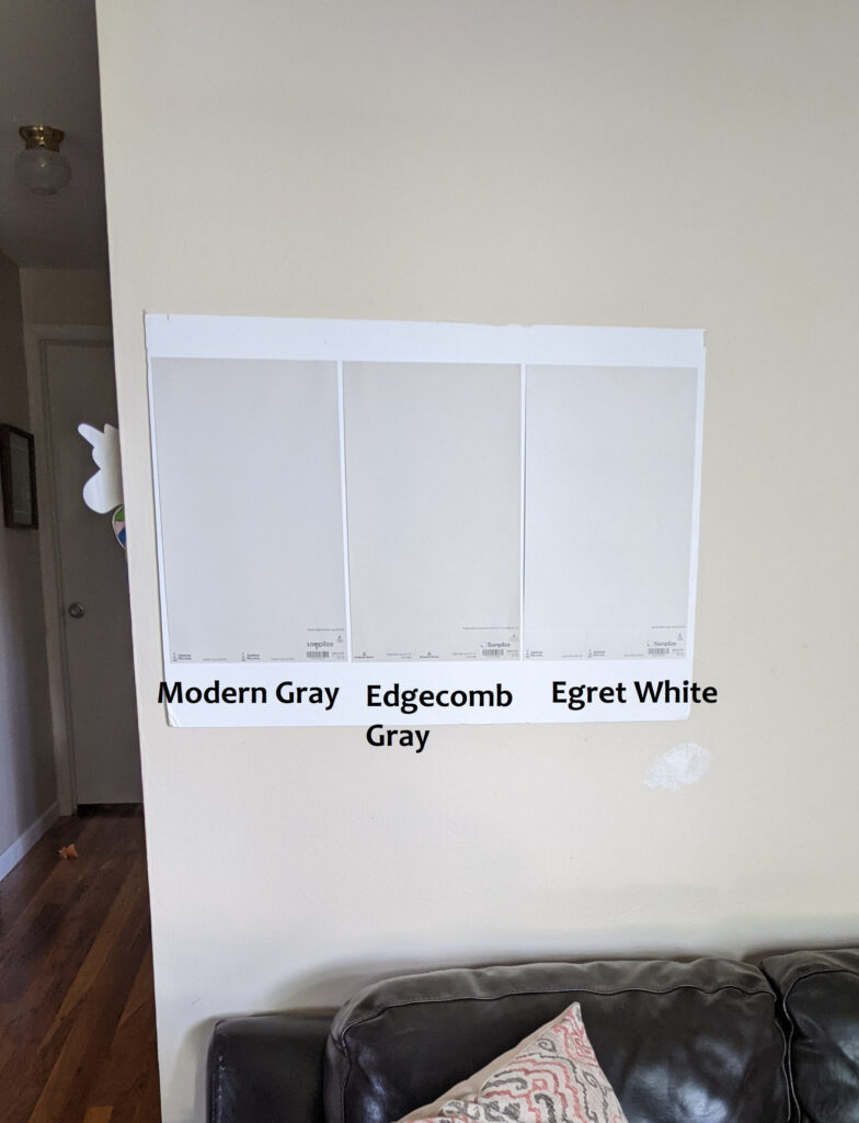 Sherwin Williams Modern Gray and Egret White vs Benjamin Moore Edgecomb Gray, best neutral paint colors. Samplize & Kylie M Interiors, online color consulting