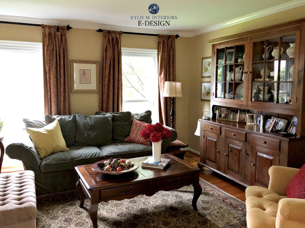 Sherwin Williams Restrained Gold, north facing, traditional style living room. Kylie M Interiors Edesign, online paint color consulting expert. Client photo