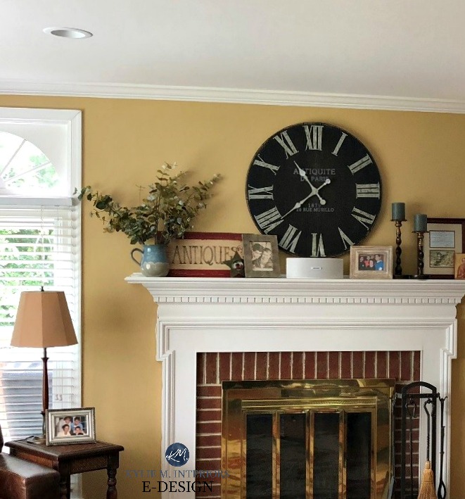 Sherwin Williams Restrained Gold paint color, red brick fireplace, country farmhouse style mantel decor. Kylie M INteriors Edesign, client before photo
