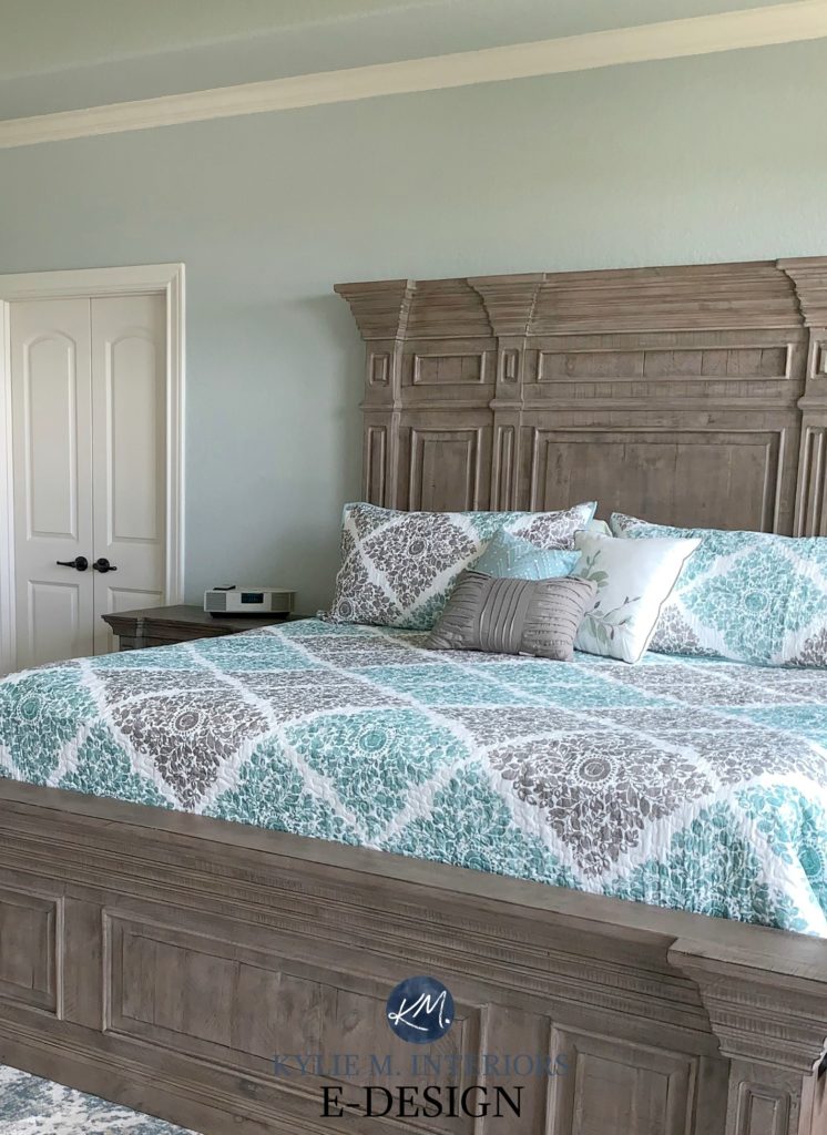Sherwin Williams Silver Strand in a north east facing bedroom. Wood floor and furniture. Kylie M Interiors Edesign, online paint color consultant and advice blog