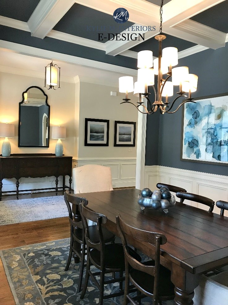 Sherwin Williams Wall Street and Wool Skein, coffered ceiling, moldings dining room,entryway. Kylie M INteriors E-design, online paint colour consulting. Client photo
