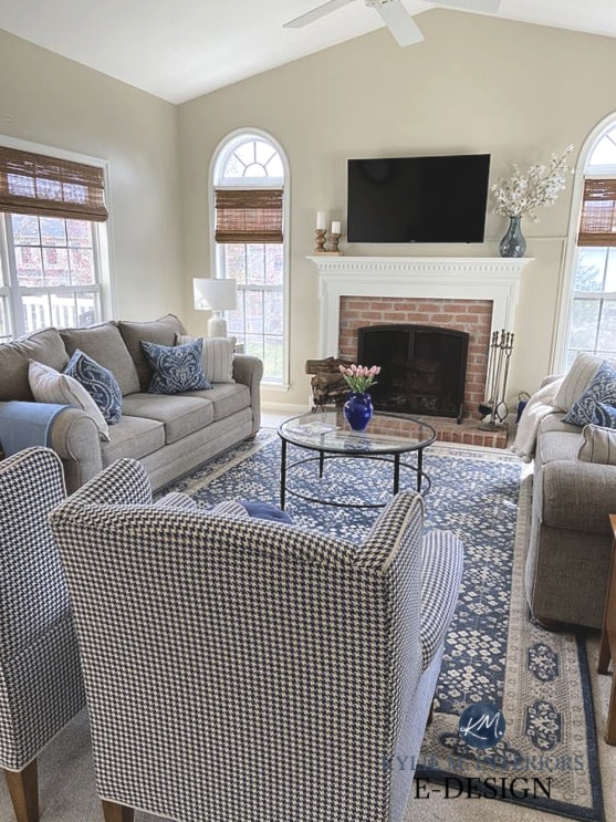 Traditional transitional style living room, brick fireplace, blue accents. Mantel decor. Kylie M Interiors Edesign, online paint color consulting and advice blog