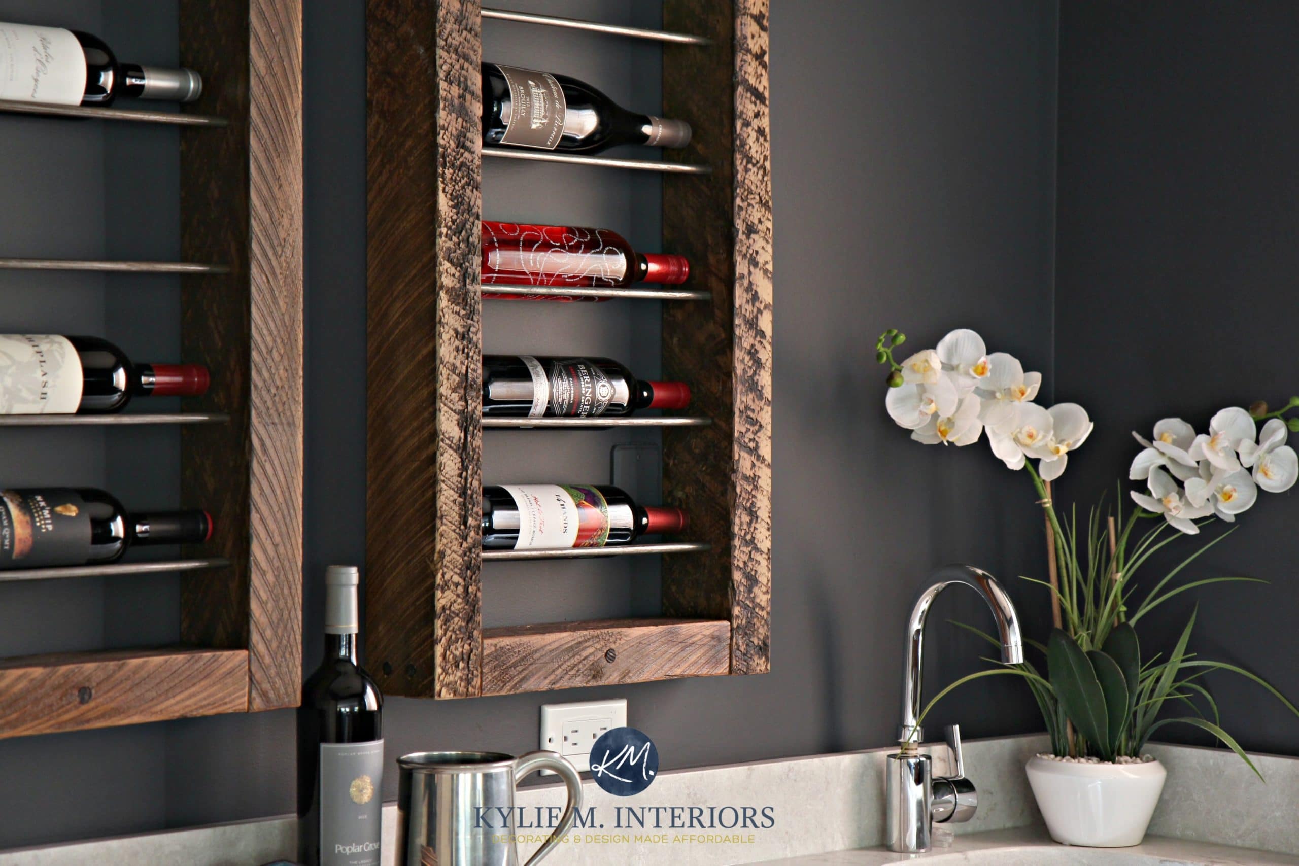 Unique home wine bar display and storage with reclaimed wood on Sherwin Williams Cyberspace. Kylie M Interiors e-design and Online color consulting