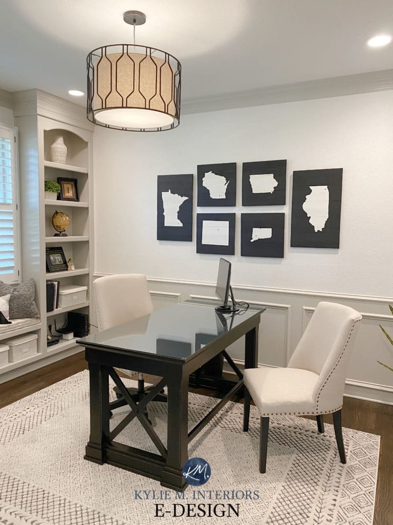 Wainscoting, panelling Benjamin Moore Revere Pewter, warm gray greige, White Dove walls, home office. Kylie M Interiors Edesign, diy update and consultant