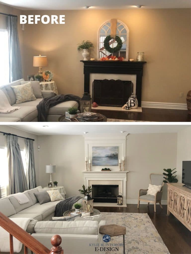 1990 HOME UPDATE IDEAS, FIREPLACE WITH NEW SURROUND AND MANTEL, EDGECOMB GRAY, BENJAMIN MOORE, DARK WOOD FLOOR. kYLIE m INTERIORS