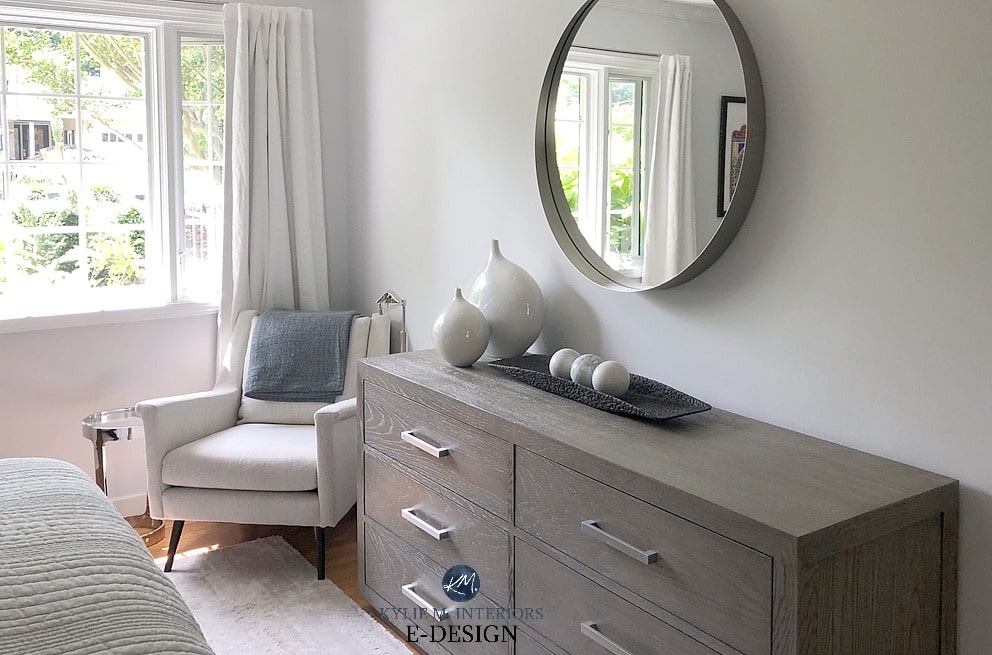 Benjamin Moore cool off-white American White in bedroom. Kylie M Interiors Edesign, online paint color consulting, client photo