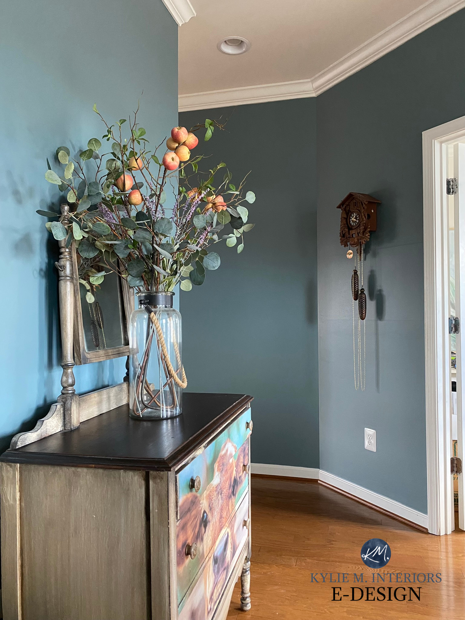 Benjamin Moore Knoxville Gray, best blue green gray blend with wood floors, accent color. Kylie M ONline paint color consulting