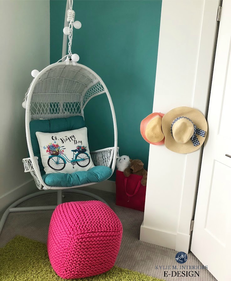 Benjamin Moore White Dove on walls and trim with teal feature wall in kids girls bedroom with swinging chair. Kylie M Interiors Edesign