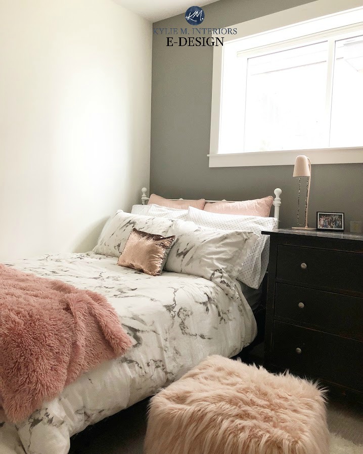 Benjamin moore White Dove on walls, best white paint colour with gray feature wall in teen girl bedroom. Kylie M Interiors Edesign